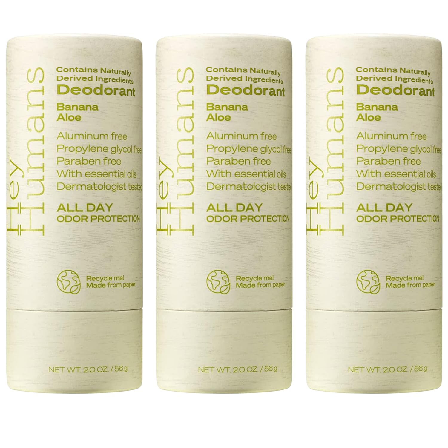 HEY HUMANSDeodorant, Aluminum Free Deodorant for Women and Men, Contains Naturally Derived Ingredients, All Day Odor Control, Refreshing Essential Oils, Earth Friendly Package, Banana Aloe