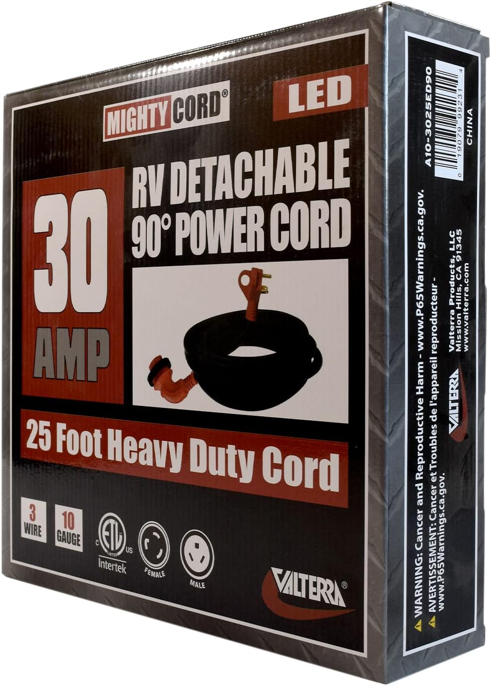 Valterra Mighty Cord RV 30-Amp 90-Degree Detachable Power Cord, 25-Foot Cord for RV, Red