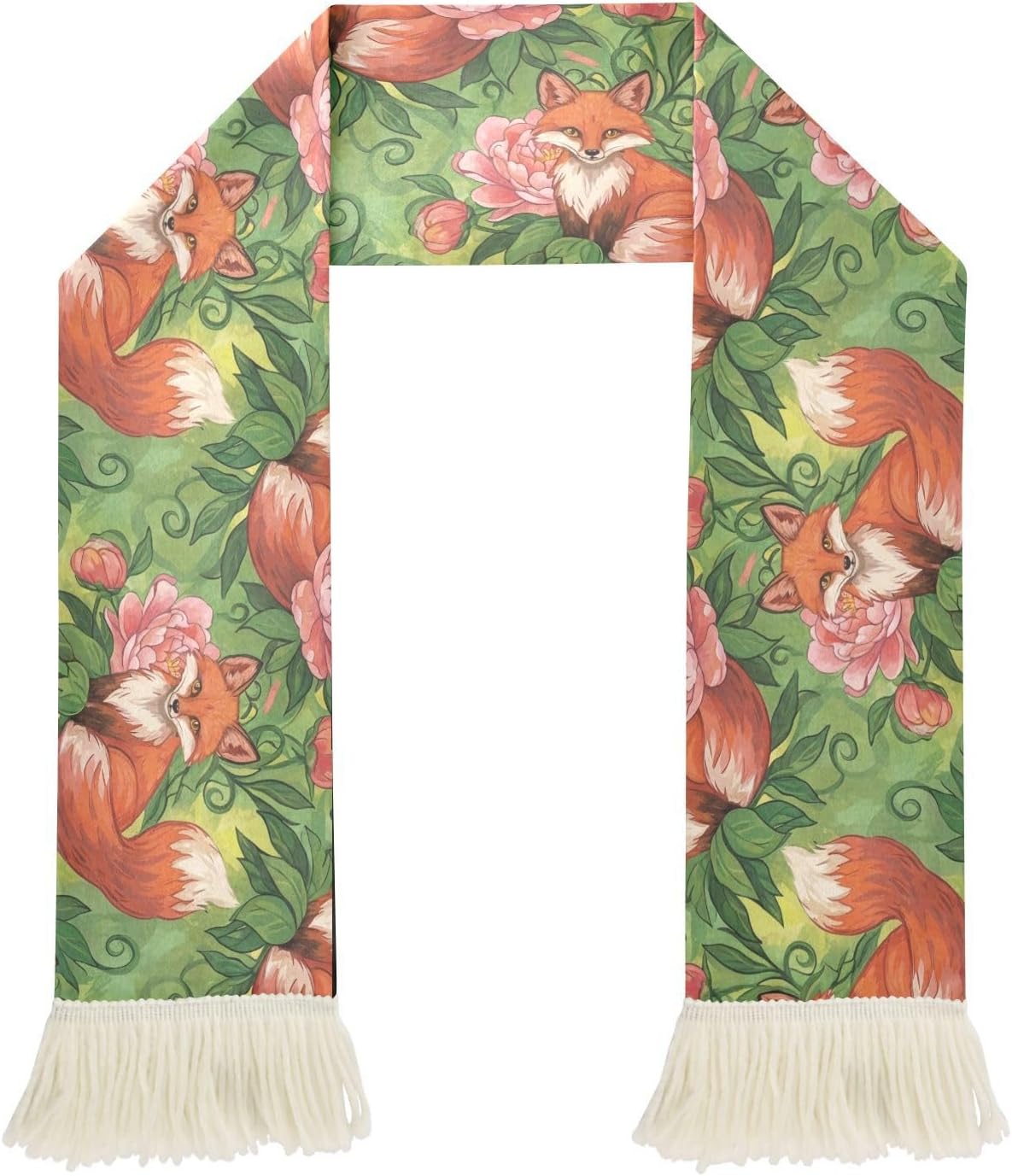 CHIFIGNO Cute Foxes Flowers Green Sports Fan Scarf for Soccer Games, 100% Polyester Sweat Towel Wrap with Fringe Ends, Quick Dry Cheering Banner