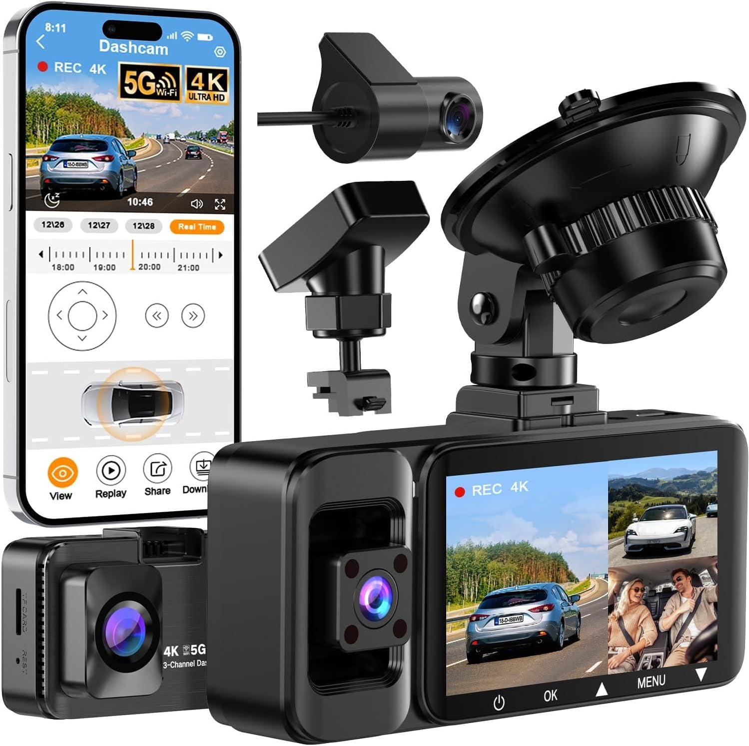 4K Dash Cam Front and Rear Inside, 3 Channel Dash Camera for Cars with 64GB Card, 5G WiFi, Infrared Night Vision, 24H Parking Mode, 360° Wide Angle Wireless Dashcam for Uber/Taxi