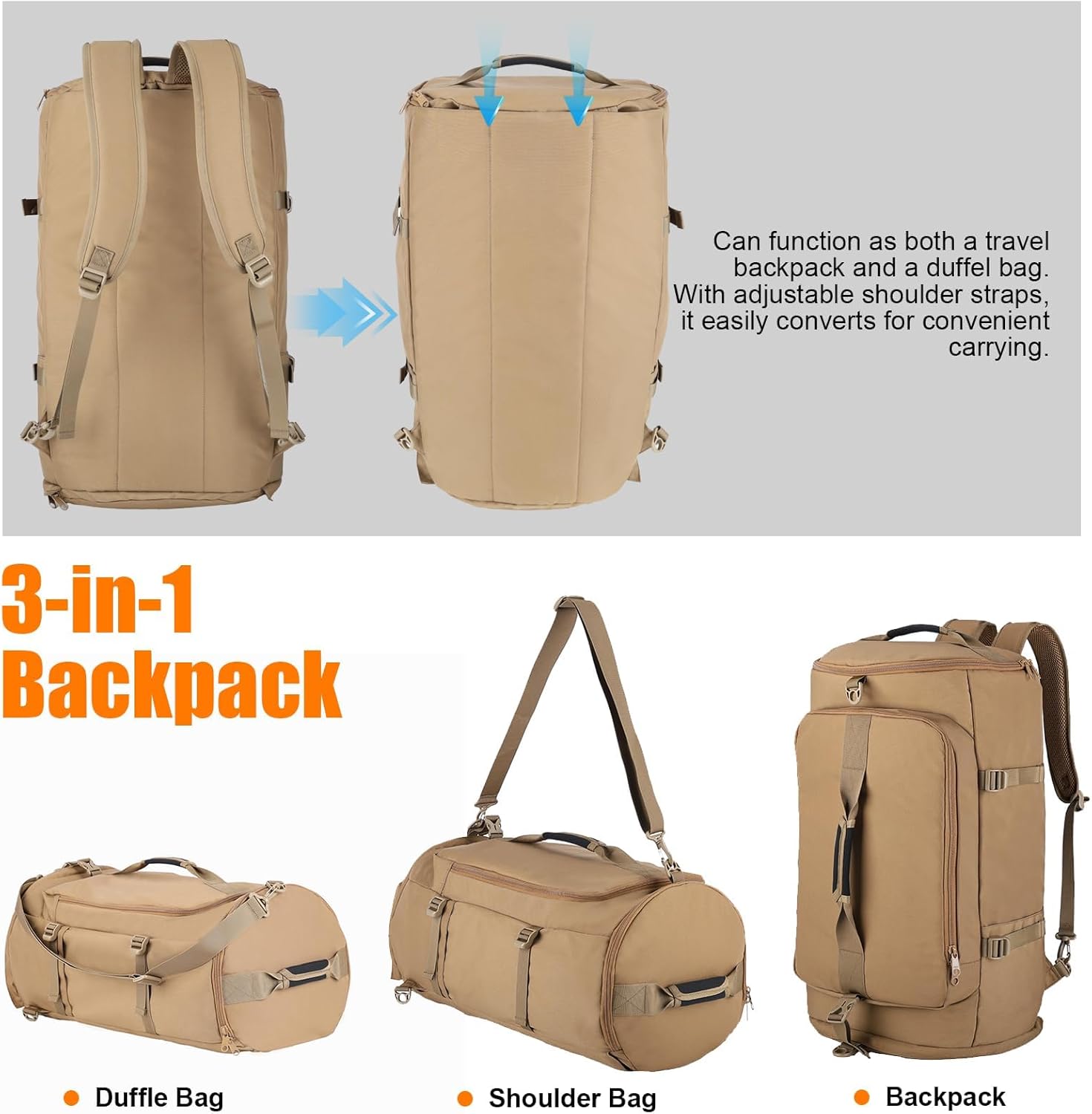 Gym Bag 3 in 1 Tactical Duffle Bag, Sports Duffel Bag with Separate Shoe Compartment, Military Travel Backpack for Men Women, Carry On Weekend Bag for Camping, Workout, Fitness (TAN)