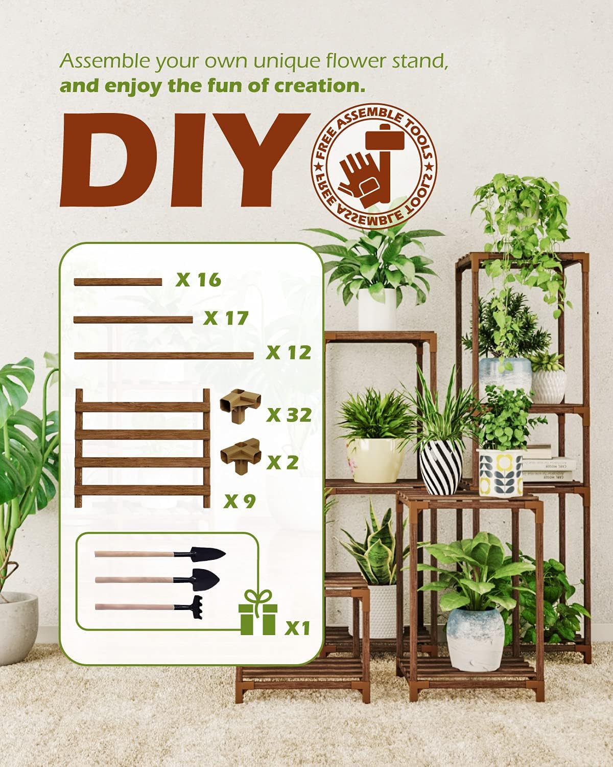 Bamworld Tall Plant Stand for Indoor Plants Outdoor Corner Plant Shelf Flower Stands for Living Room Balcony and Garden (9 pots) : Patio, Lawn & Garden