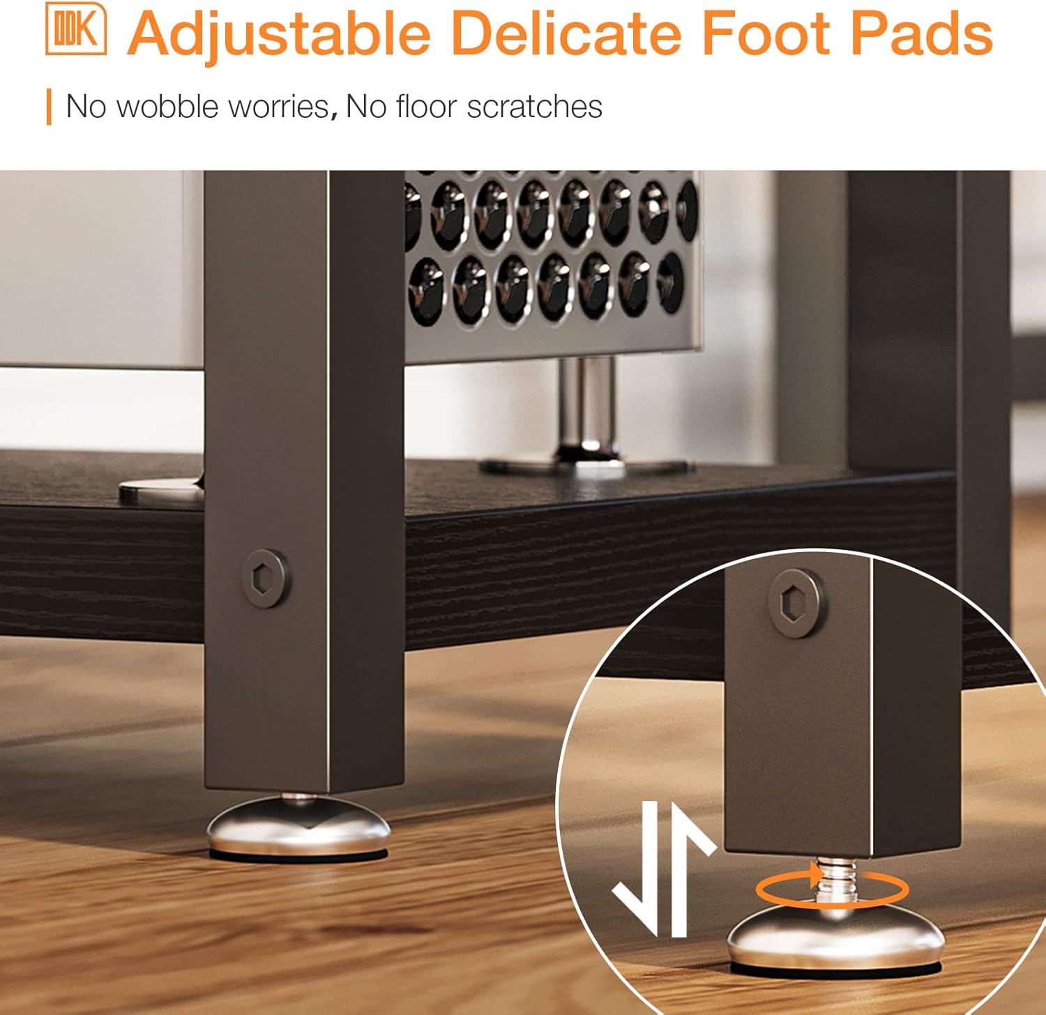 Detail of the adjustable foot pads on the ODK L-Shaped Desk, used for leveling and stability on uneven floors.