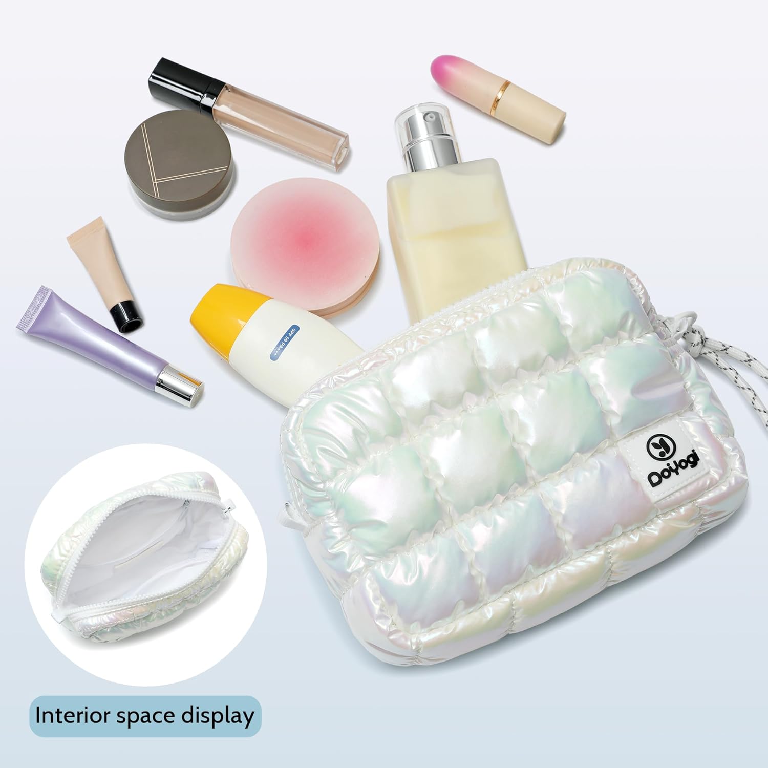 Quilted Cosmetic Bag, Puffer Makeup Bags, Crossbody Purses for women,Cute Travel Toiletry Bag for Women (Dazzling White) - Image 7