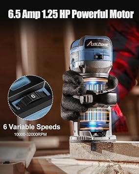 AVID POWER 6.5 Amp 1.25 HP Compact Router Tools for Woodworking, Fixed Base Wood Router with Trim Router Bits, 6 Variable Speeds, Edge Guide, Roller Guide, Dust Hood (Blue, 65mm)