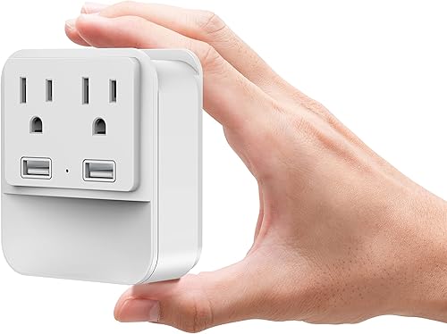 LAX Gadgets Adaptador de pared con protección contra sobretensiones, 2 tomas de corriente con 2 puertos USB y luz nocturna, color blanco