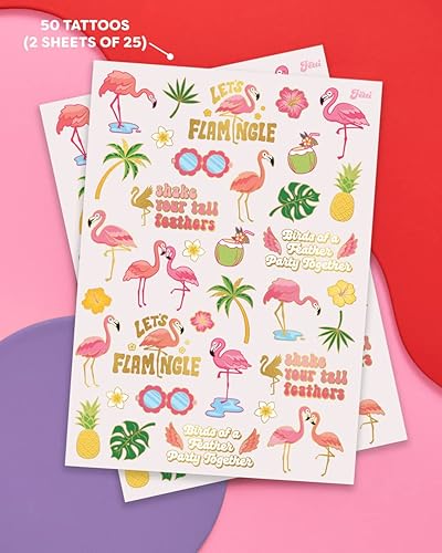 Miniatura 2 de xo, Fetti Luau Tatuajes temporales  50 estilos  Decoraciones de cumpleaños de flamenco, regalos de fiesta tropical para niños, accesorio rosa de