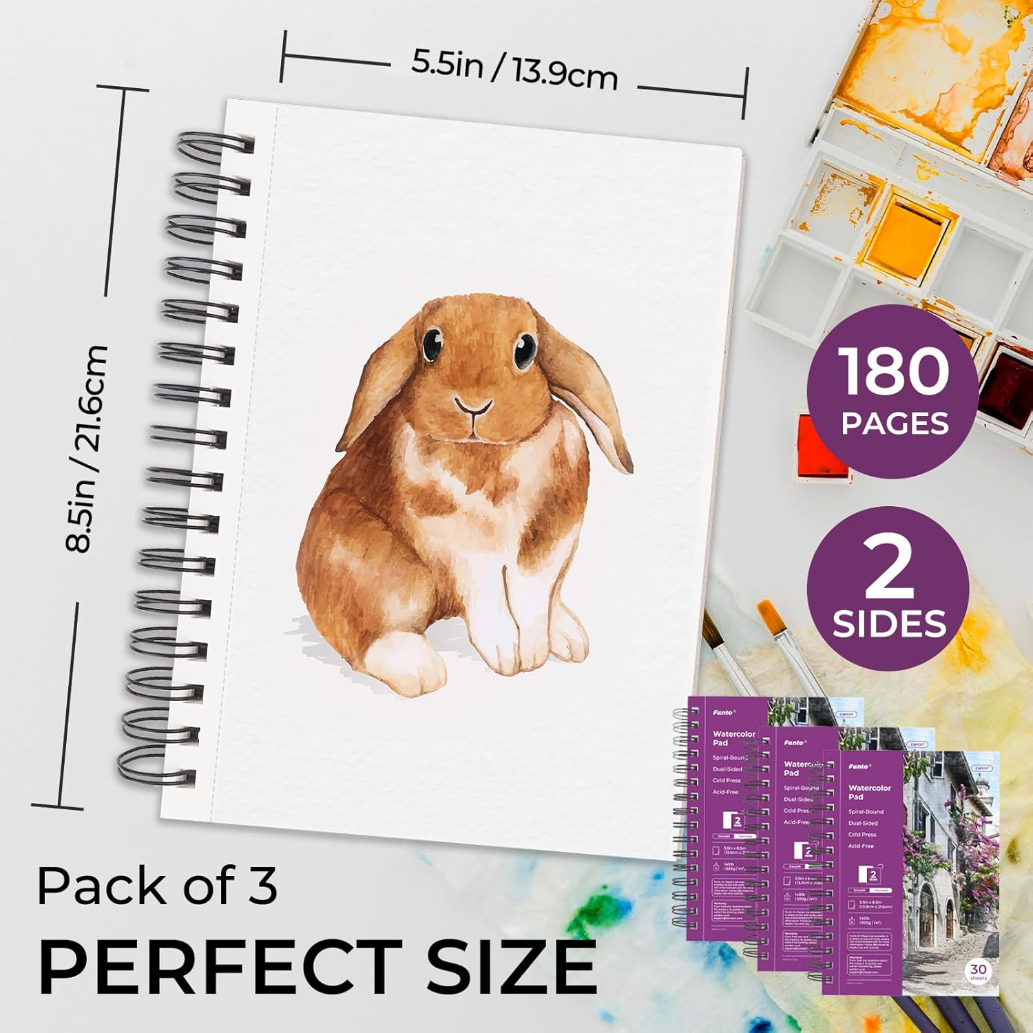 Funto 48-Color Watercolor Set Plus 3 Watercolor Pads