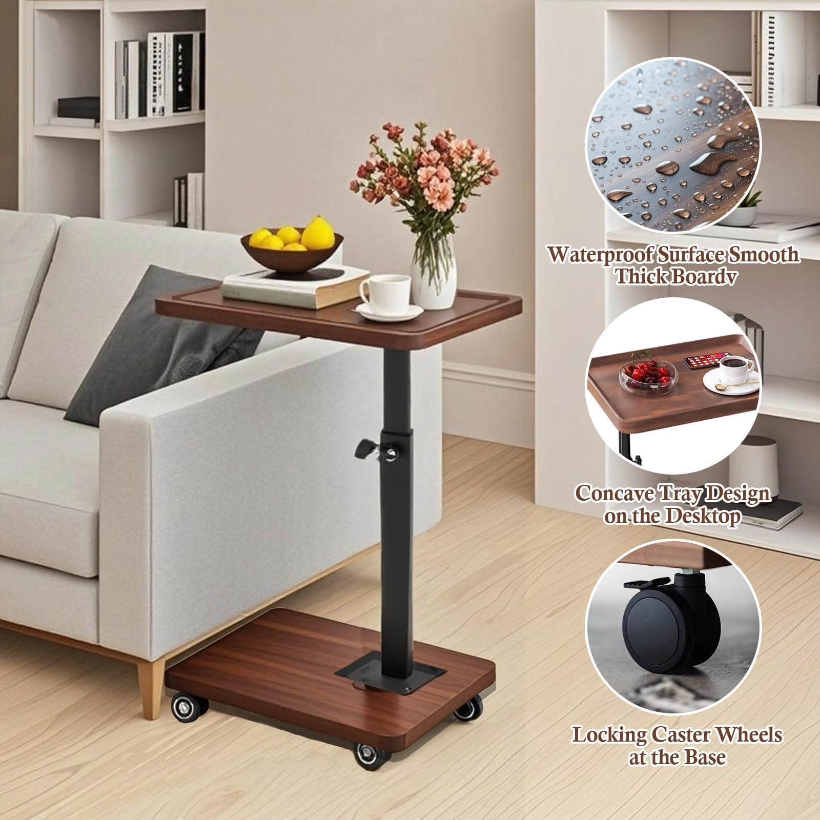 Tavolino Salotto Regolabile In Altezza (45-80 Cm),Tavolino A Forma Di C,Tavolino Divano Rotazione 360°,Con Ruote,Piano Girevole,Tavolino Laterale In Legno Per Divano Del Soggiorno E Camera Da Letto
