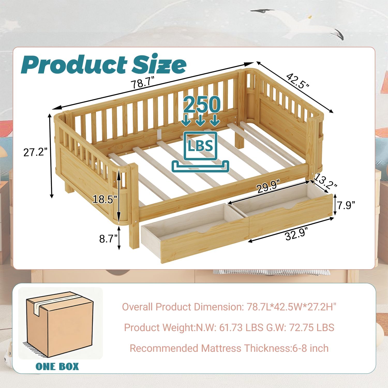 Twin Kids Bed with Rails,Low Profile Daybeds with Drawers, Montessori Bed Frame with and Rounded Corners and Detachable Safety Rails,Twin Size Bed Frame for Kids(Natural)