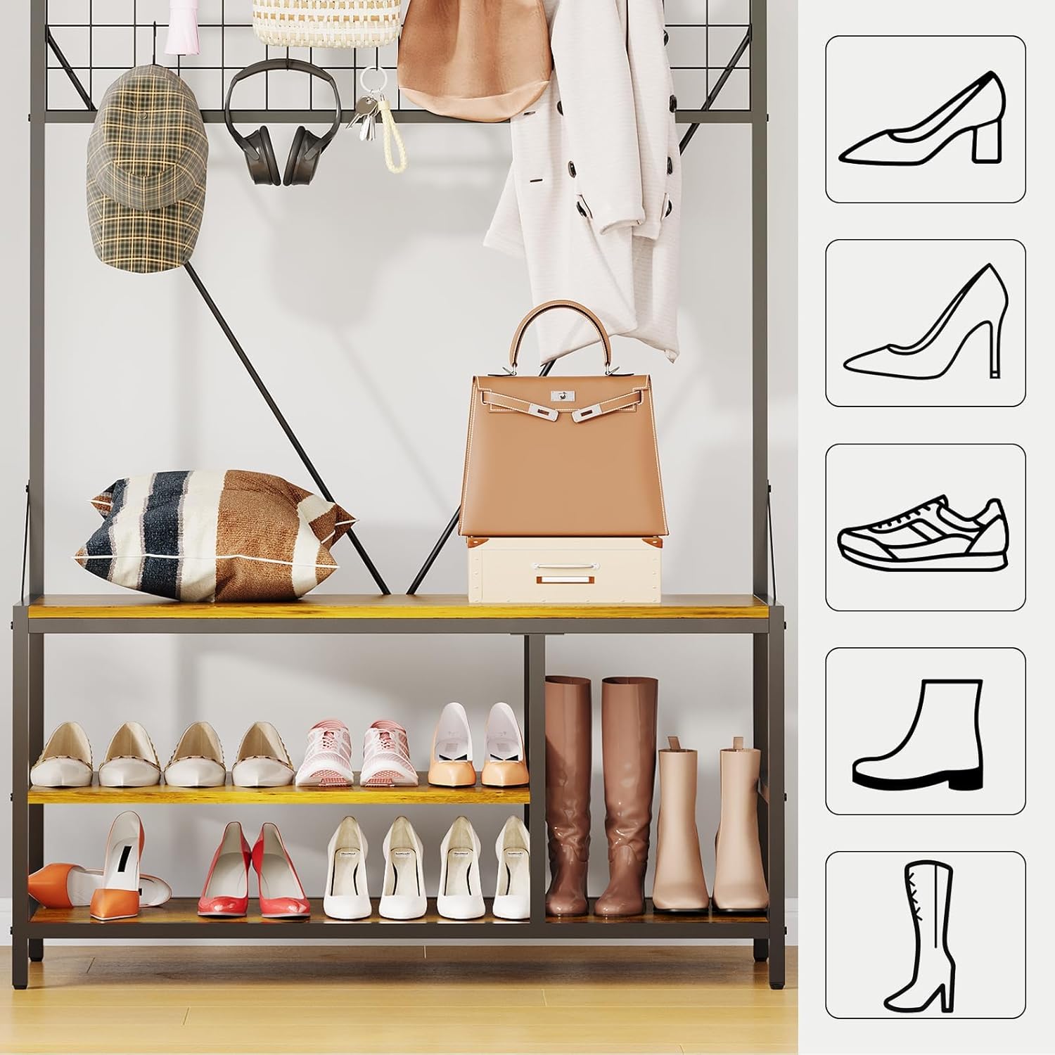 5-in-1 Hall Tree Coat Rack with Bench - Entryway Organizer with Adjustable Shoe Storage, Hanging Rod & 9 Hooks - Space-Saving Stand for Hallway or Bedroom, Charcoal Wood