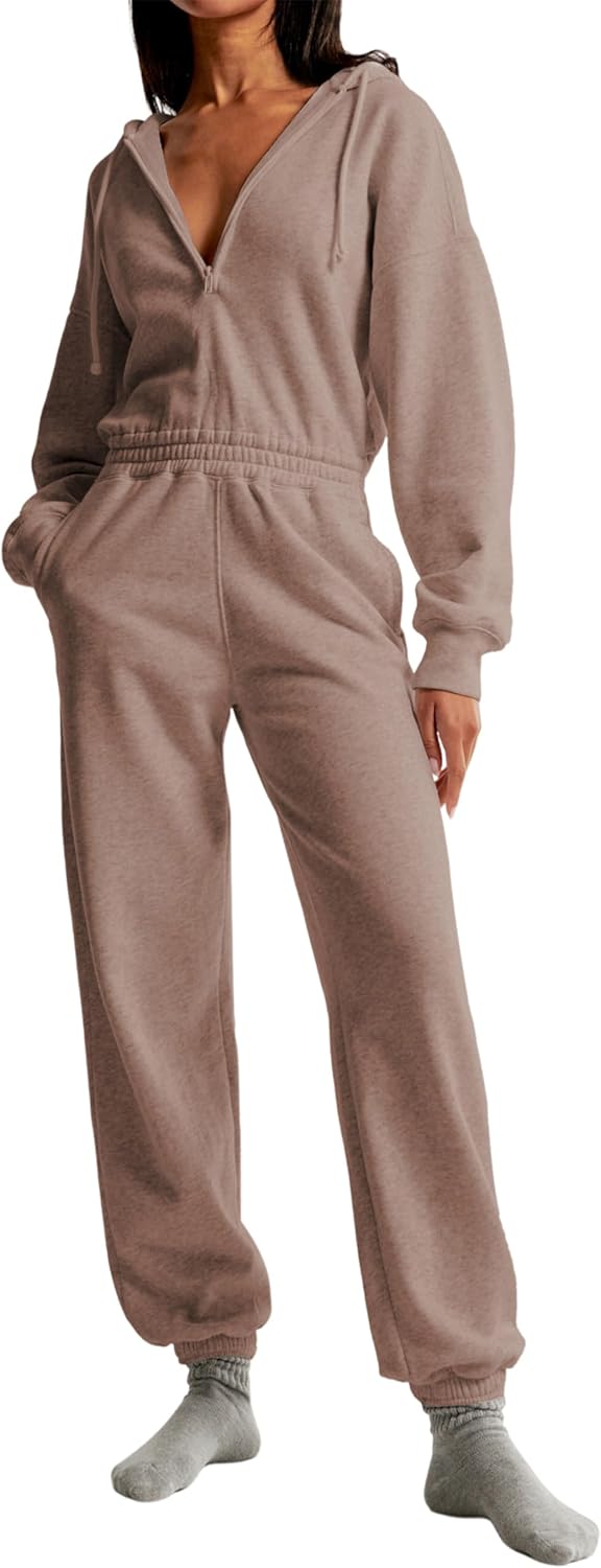 Jumpsuits for Women Casual Hoodie Long Sleeve Zip Up Sweatshirts Loose Jogger Sweatpants One Piece Romper Outfit