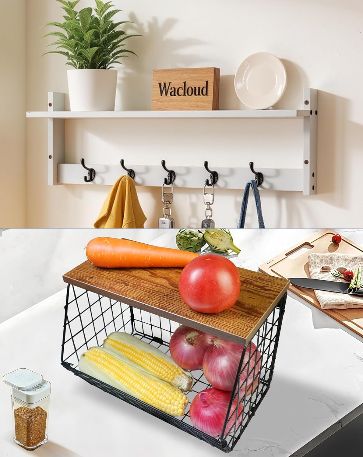 Wall-Mounted Entryway Organizer & Kitchen Basket Bundle Set – Rustic Wood Coat Rack with Shelf and Stackable Fruit & Vegetable Baskets with Wood Lids