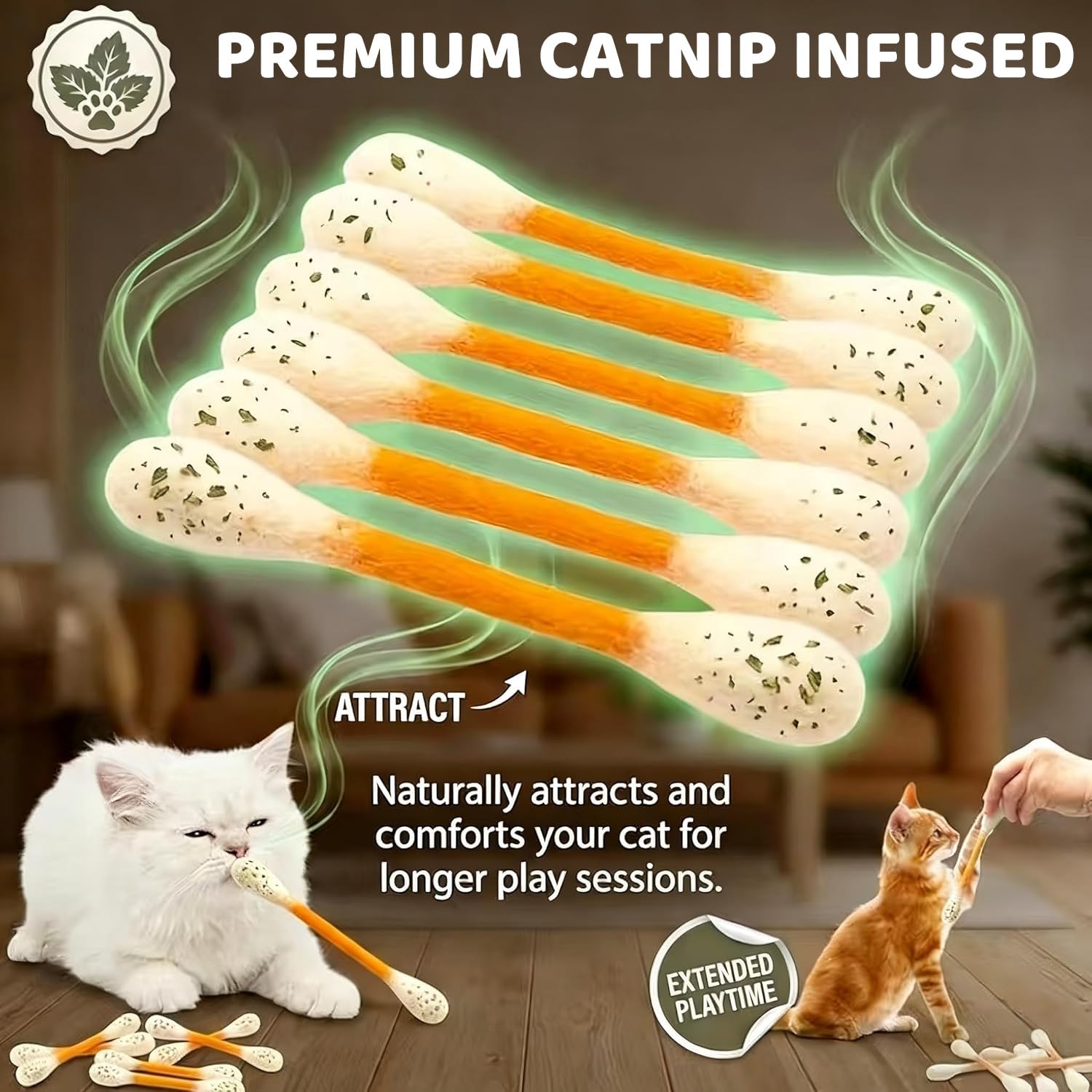 6 Pack Cotton Swabs Cat Toys with Catnip, Giant Kitten Chew Sticks, Durable Dental Teething Ropes, Interactive Cat Kicker Toy for Teeth Cleaning, for Kitty Lovers Gift — view 3