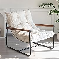 MAXYOYO Beige Modern Accent Chair with Wooden Armrests, Metal Frame & High-Density Foam for Living Room Bedroom Lounge