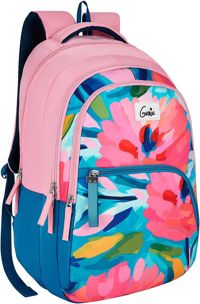 Ruby School backpack for girls, 19” 36 Litres, 3 compartment with padded laptop sleeve, bottle holder & Rain Cover, Dark Green, Floral Prints, Dark Green, L, Casual