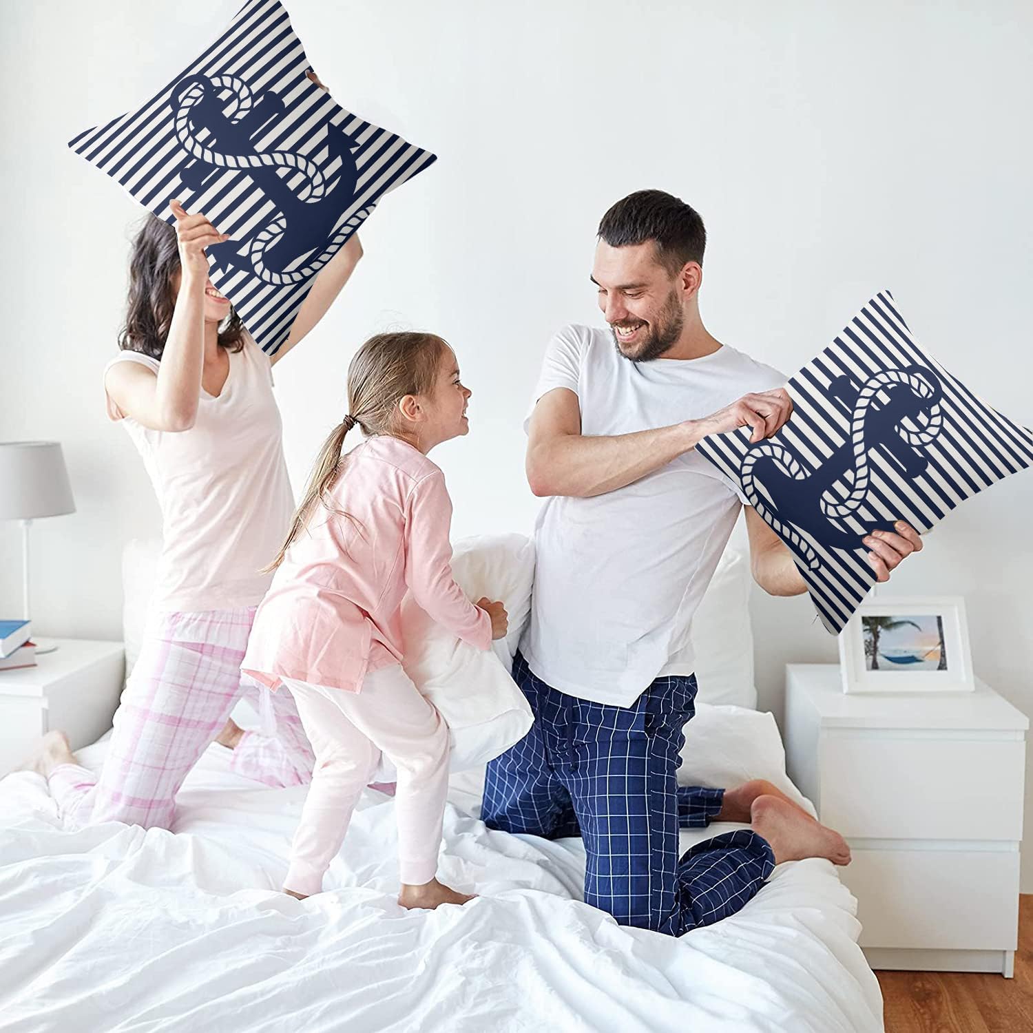 Nautical Navy Blue White Stripes and Blue Anchor Outdoor Pillow Covers 20 x 20inches Square Decorative Pillow Case for Sofa Couch Bed (Pillow Insert Not Include)