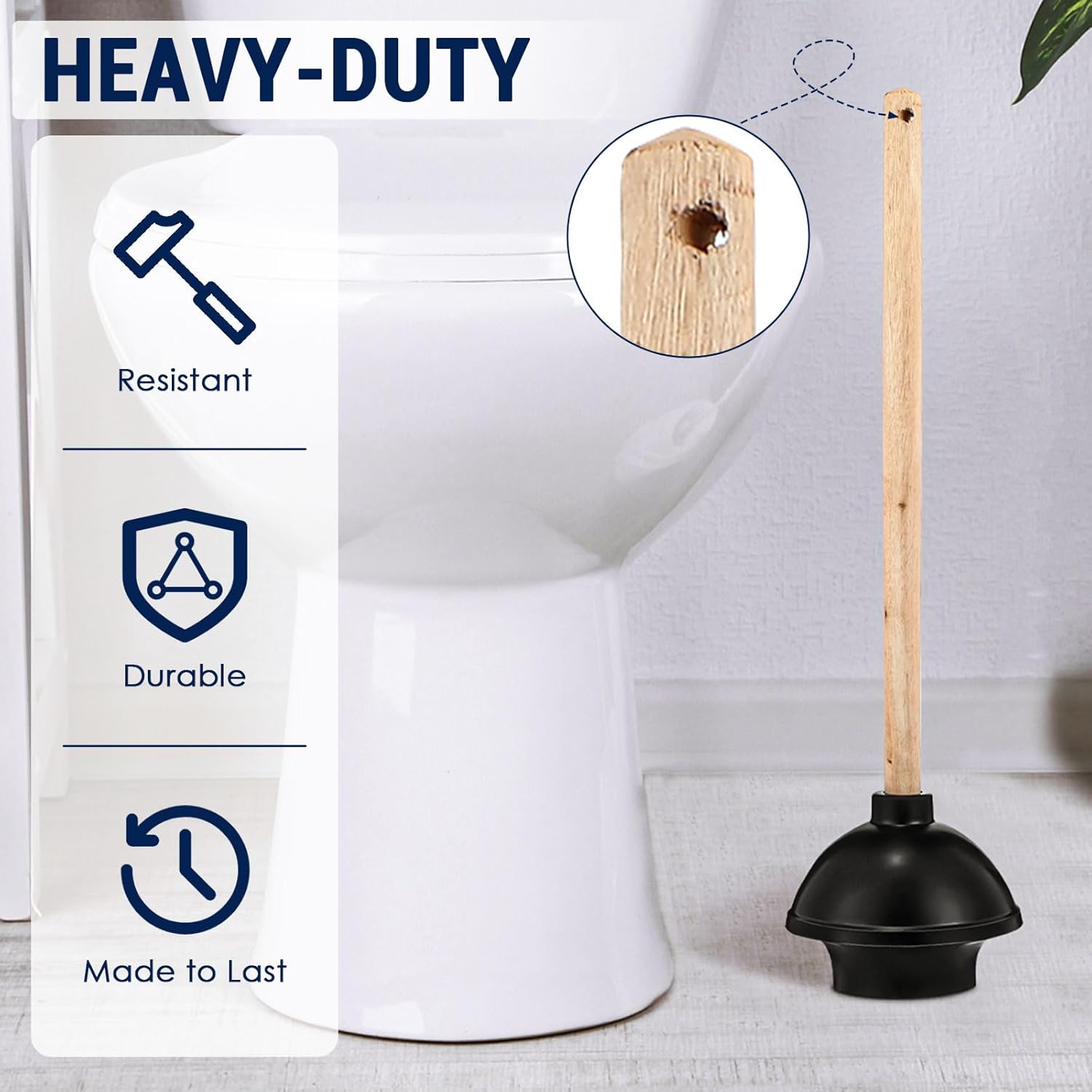 Dandat 6 Pcs Rubber Toilet Plunger with Double Thrust Force Suction Cup Long Wooden Handle Toilet Bowl Plunger Heavy Duty Pump Clogged Solution for Bathroom Stores Restaurants (Black)