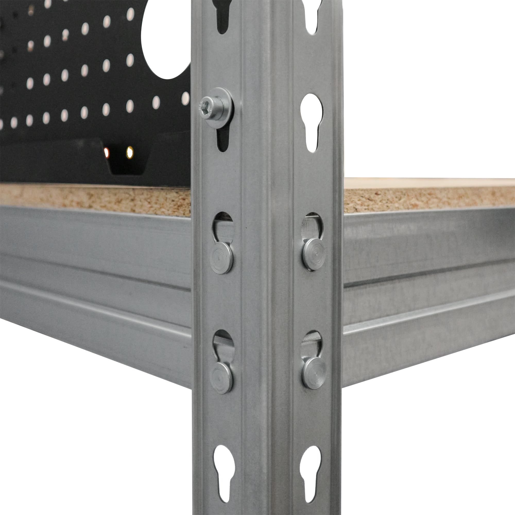 Master Rax Werkbank mit Stecktafel 150x150x60 cm – Traglast 300 kg – verzinkter Stahlrahmen – DTD-Arbeitsplatte 18 mm – werkzeuglose Montage – mit Lochwand – für Werkstatt & Garage