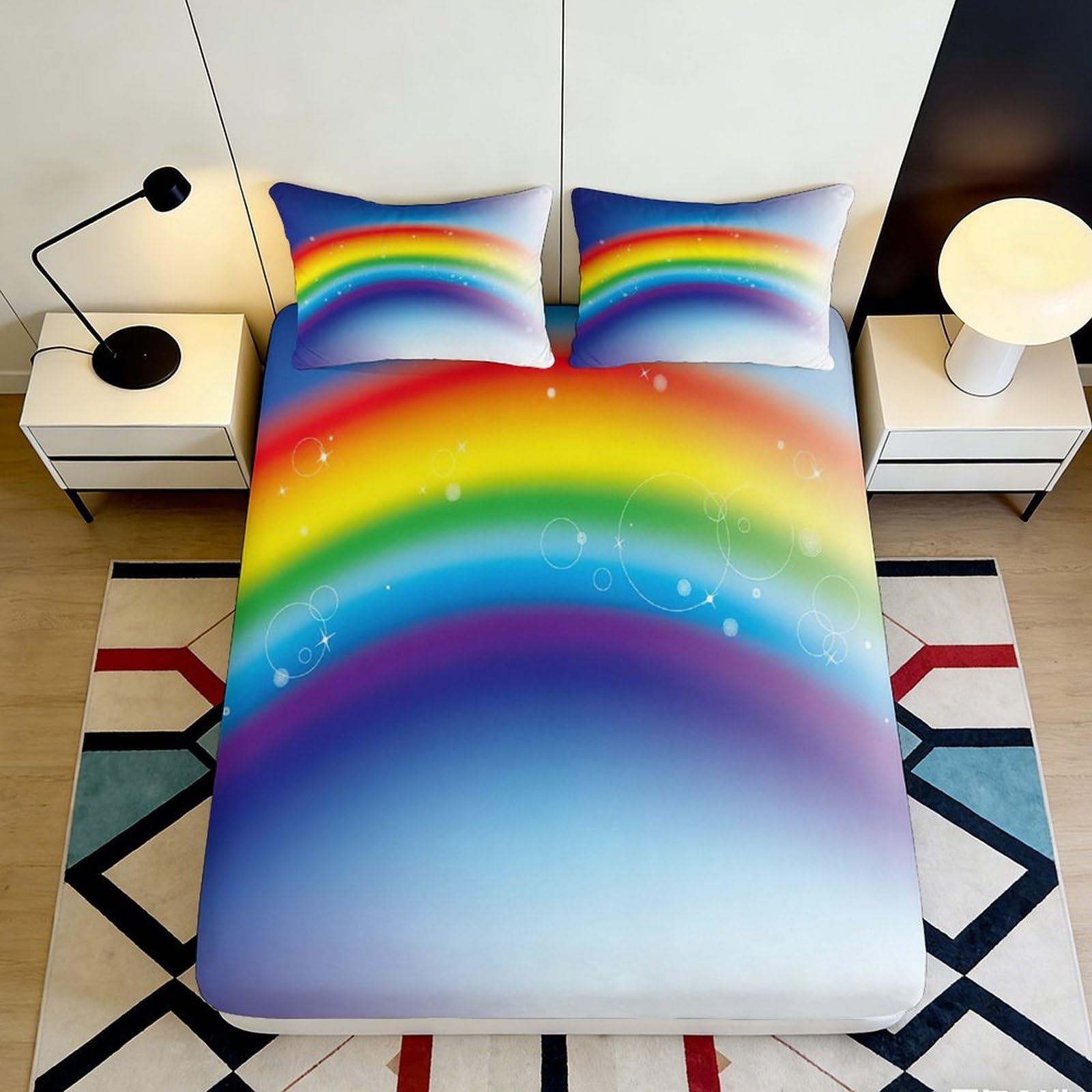 3D Printed Rainbow Spectrum Fitted Sheet Microfiber Soft Breathable Colorful Arc Mattress Cover for Bedroom Guest Room Decor 120x200x25cm