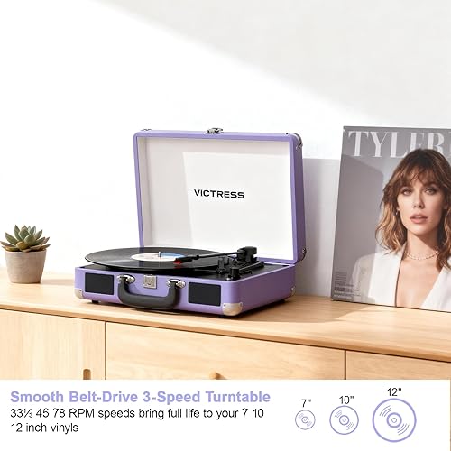 Miniatura 2 de Tocadiscos de maleta portátil Bluetooth con altavoces estéreo, tocadiscos de 3 velocidades, grabación USB a digital, conector RCAAUXpara