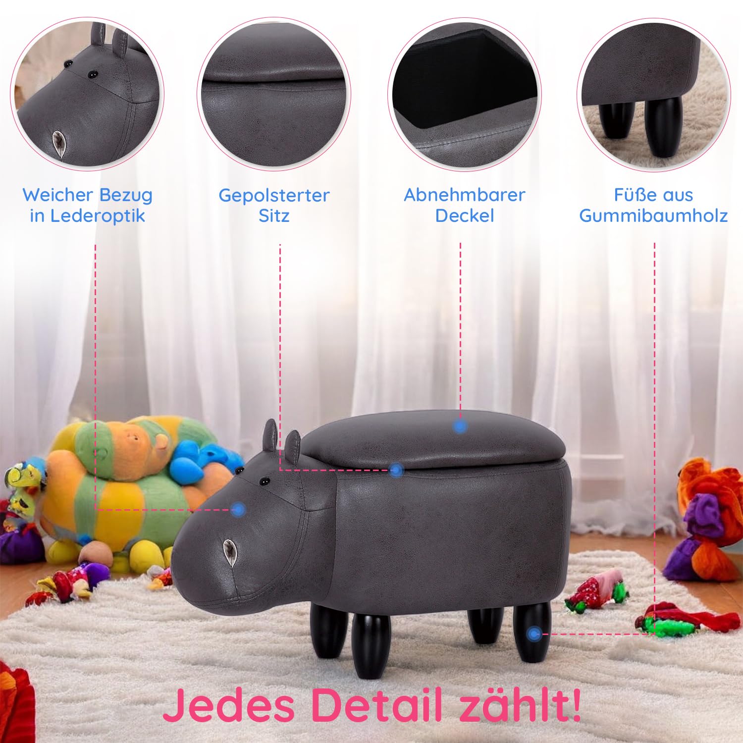 Suleno Nilpferd Tierhocker mit Stauraum, Niedlicher Organizer &, 36 cm | Sitzbox für Kinder, weicher Bezug in Lederoptik, Holzbeine, dekorative Möbel für Kinderzimmer 66 x 36 x