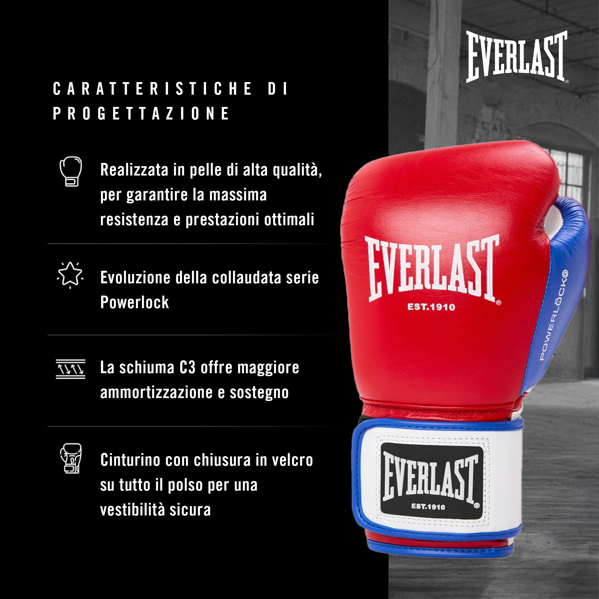 Everlast Powerlock OG Advanced Guantoni da Boxe per sacco, colpitori e sparring, chiusura a strappo, EverDri, schiuma C3, impugnatura ergonomica – Attrezzatura originale Everlast
