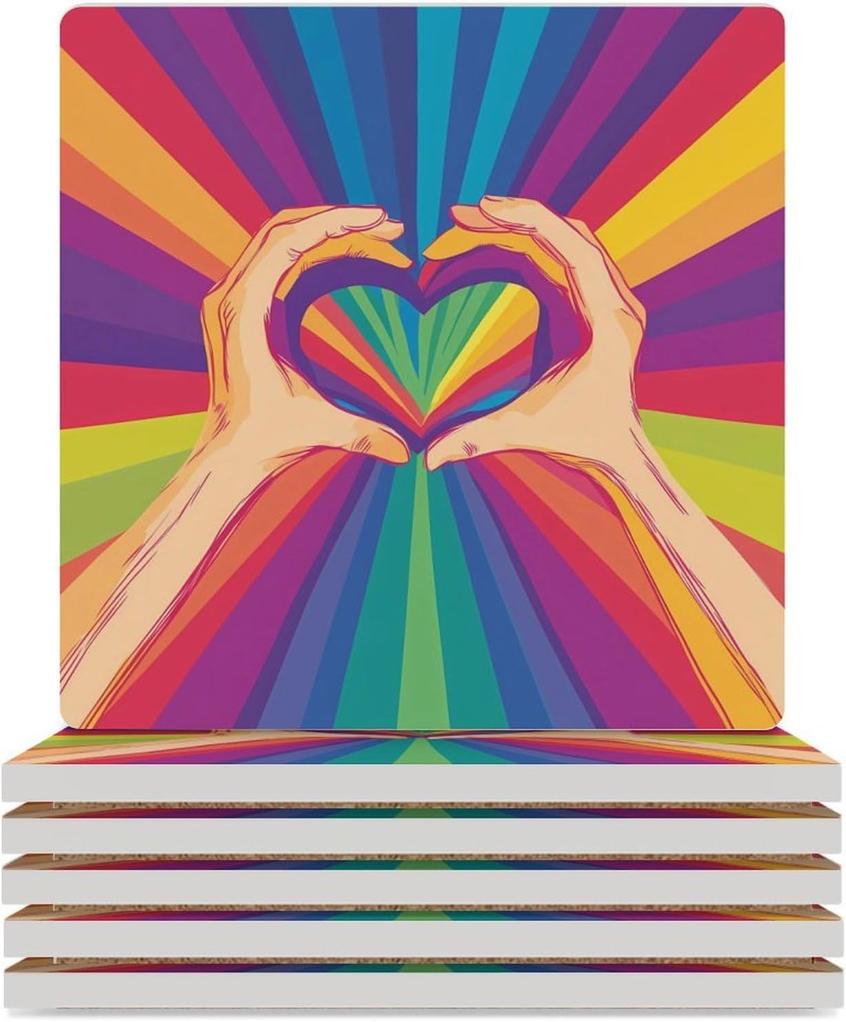 Colorful LGBT Hands Heart Coasters for Drinks Square Table Coasters Set Cup Mats with Cork Base