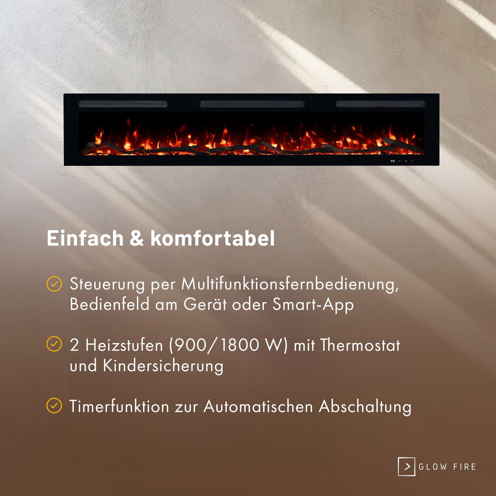 GLOW FIRE Camino elettrico Inside 182 con fuoco LED realistico 3D – Camino elettrico da parete con riscaldamento e camino, controllo app, effetto scoppiettante e timer, max. 1800 W, 182 x 35 x 12 cm