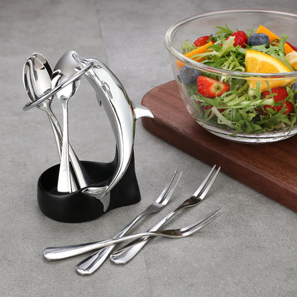 STOBAZA Creative Dolphin Shape Zinc Alloy Feeding Spoon and Fork Set with Portable Flatware Holder for Daily Use Tableware, Housewarming Gift and Home Decoration