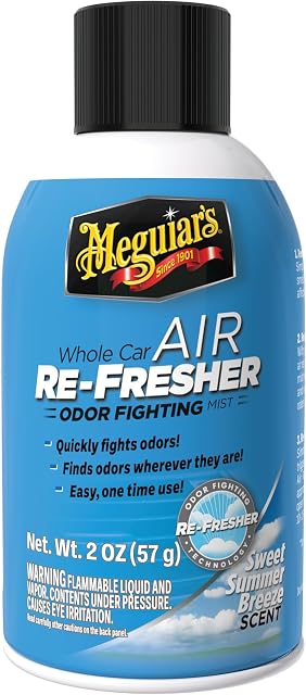 Meguiar’s Voiture entière Air Rafraîchissant Odor Eliminator, Breeze d'été, 2 Oz— Voiture Air Freshener pour les navetteurs, les détailleurs; Mist rafraîchit la cabine pour Sedan, Suv, camion, Van