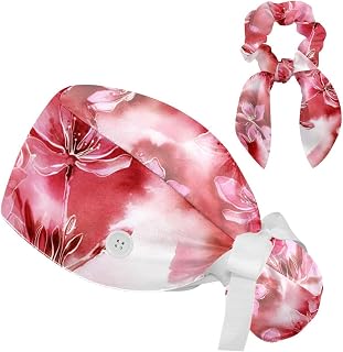 FVQL 2 Pieces Surgical Cap for Long Hair Scrub Cap with Hairband Nurse Cap, Vintage Flower Pattern