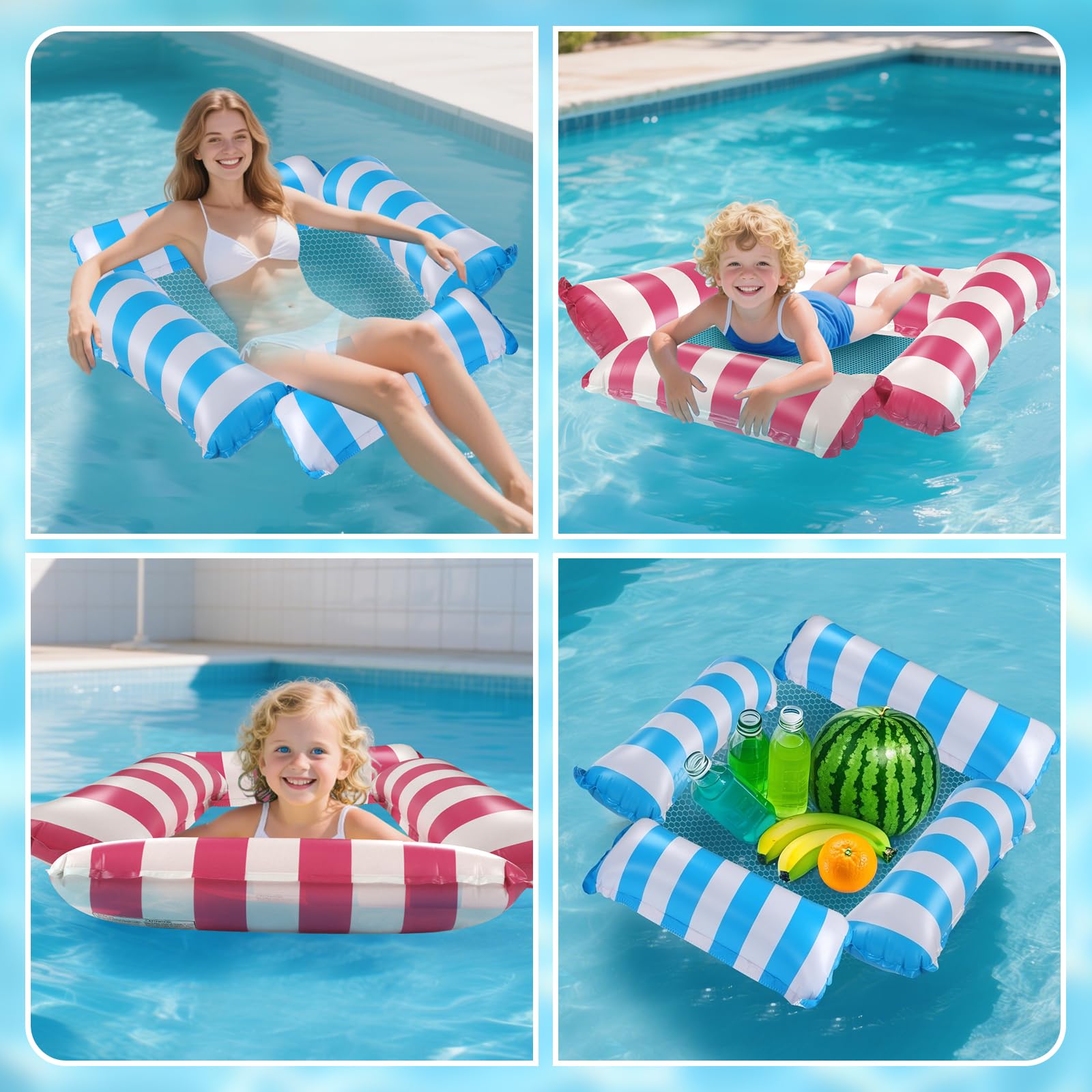 2PCS Colchoneta Piscina Adultos, Hamaca Inflable, 4 in 1 Hamaca de Agua Flotante, Flotador Portátil Hamaca Inflable, Multi-Propósito Tumbona Piscina, Piscina Flotador Agua