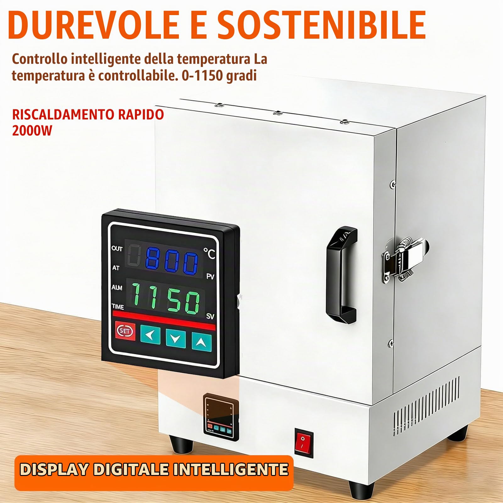 Forno Elettrico per Ceramica 2000W – Mini Forno a Muffola con Controllo Digitale Preciso ±1°C, Forno Compatto per Casa, per Metalli, Gioielli, Vetro, Argilla e Trattamenti Termici