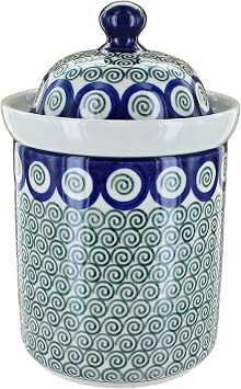 Blue Rose Polish Pottery - Green Peacock Swirl Small Canister - 4 Cup Capacity - Hand-Painted Polish Pottery Ceramic Kitchen Storage Jar with Lid