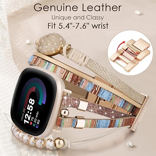 Miniatura 3 de VISOOM Pulsera bohemia con cuentas compatible con Fitbit Versa 4Versa 3 BandasFitbit Sense2Sense, correa de reloj de cuero para mujer, hecha a mano,