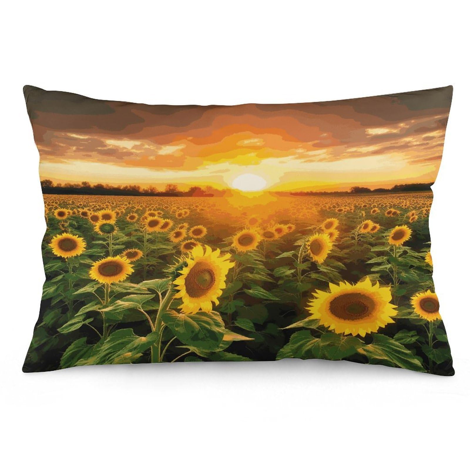 Sunflower Field Sunset Throw Pillow Covers with Silent Zipper Polyester Pillow Protectors Removable Pillow Cases Soft Pillowcase Cozy Pillow Sham Cushion Cover for Sofa Car Bed 12 "x20