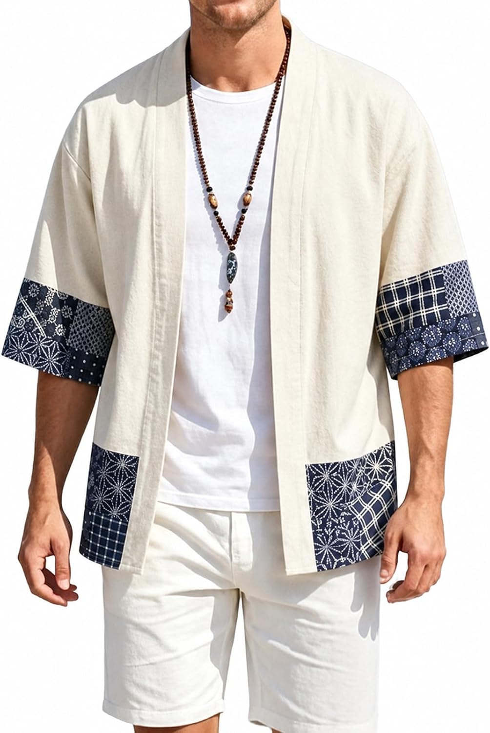 NVACHI Men's Kimono Cardigan Jacket Cotton Linen Japanese 3/4 Sleeve Shirt
