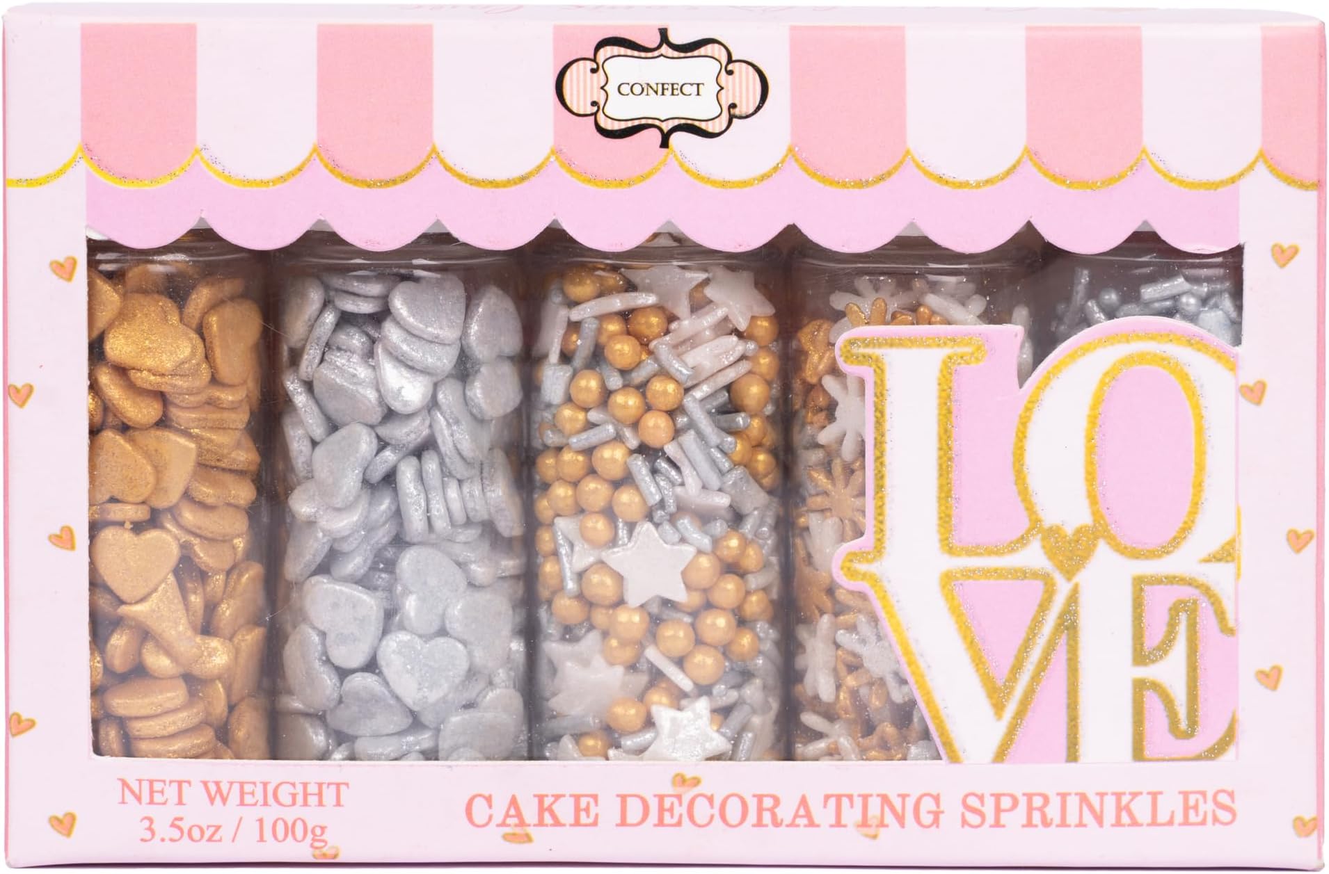 Confect Christmas Sprinkles | Grey, Gold & White Mix | Edible Star, Pearl & Flower Shaped Sprinkles | Elegant Holiday Cake & Cupcake Decorations- 5 Oz