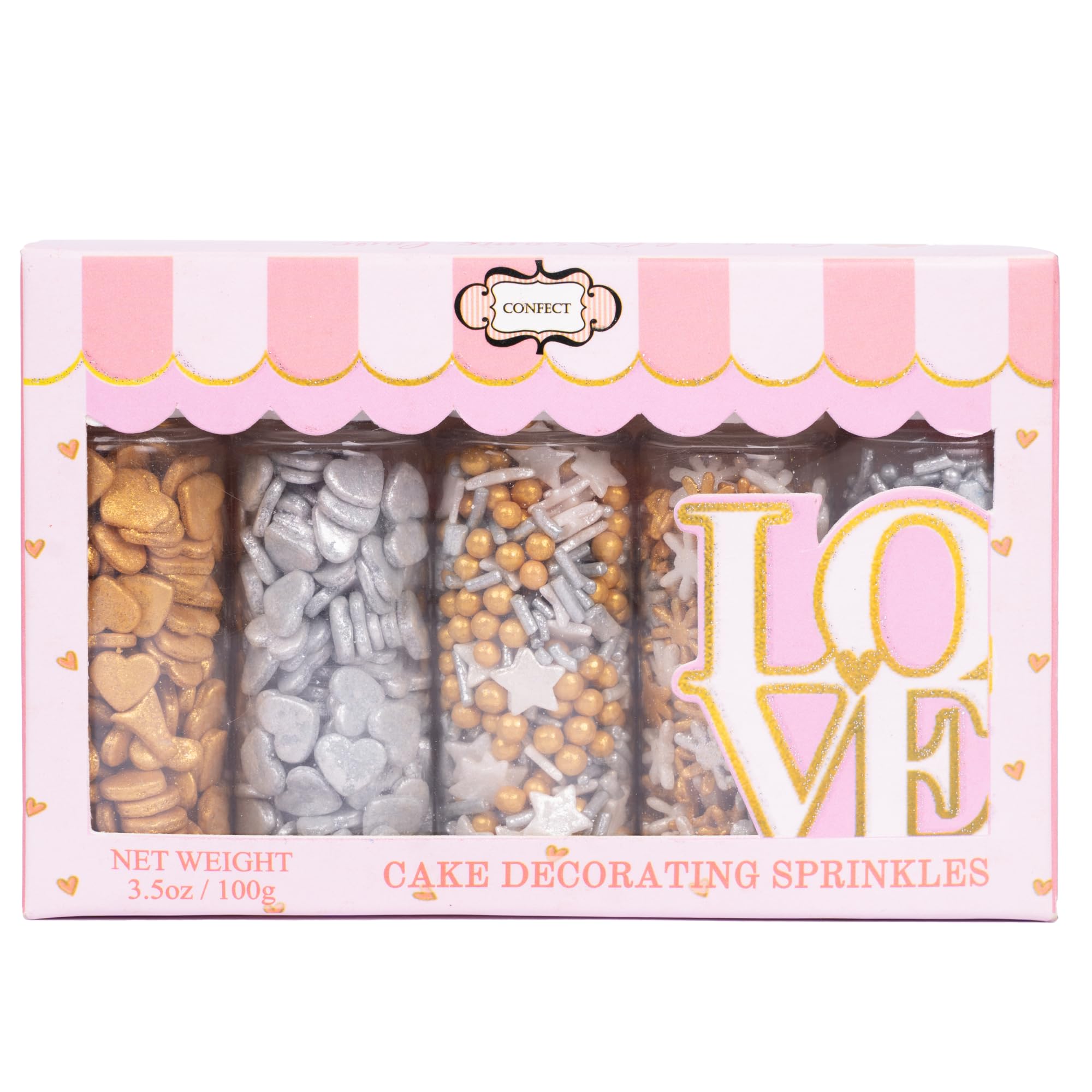 ConfectChristmas Sprinkles | Mix Gold & Silver Heart Sprinkles | White snowflake & Star Sprinkles | Jimmies & Pearls Sprinkles | Silver & Gold Pearl Sprinkles | Edible Cake Sprinkles -3.5 Oz