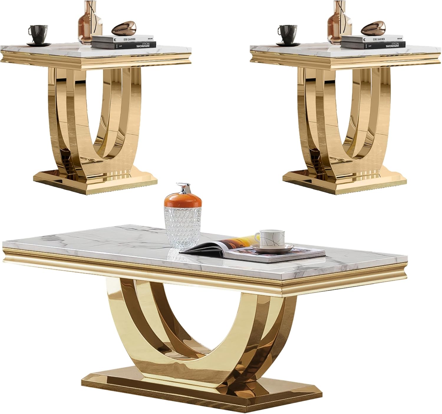 Coffee Table and End Table Sets, 3-Piece Modern Marble Living Room Coffee Table Set Includes 1 Coffee Table and 2 End Tables,White Faux Marble Top with Gold Stainless Steel Frame for Living Room