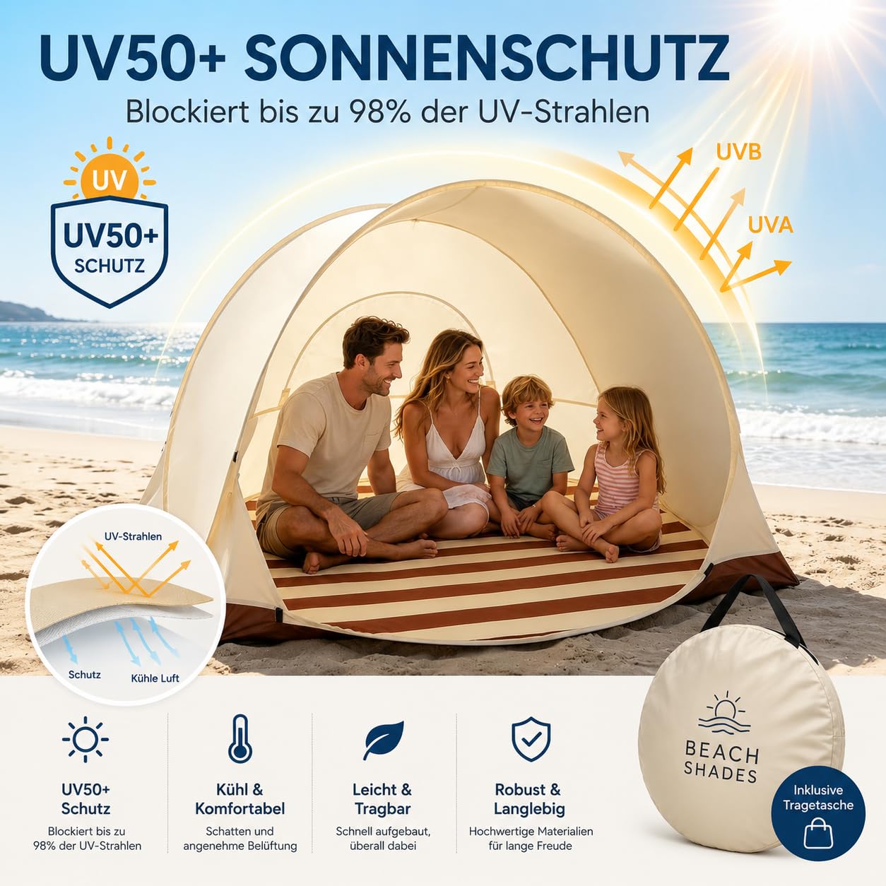 Pop-up Strandmuschel UV Schutz 50, 2-3 Personen Groß Strandzelt 1kg-Leicht & Tragbar, Wasserdicht Sonnenbeständig Atmungsaktiv,120x100cm, für Wanderausflug Strand Camping (Braun_185X85cm)