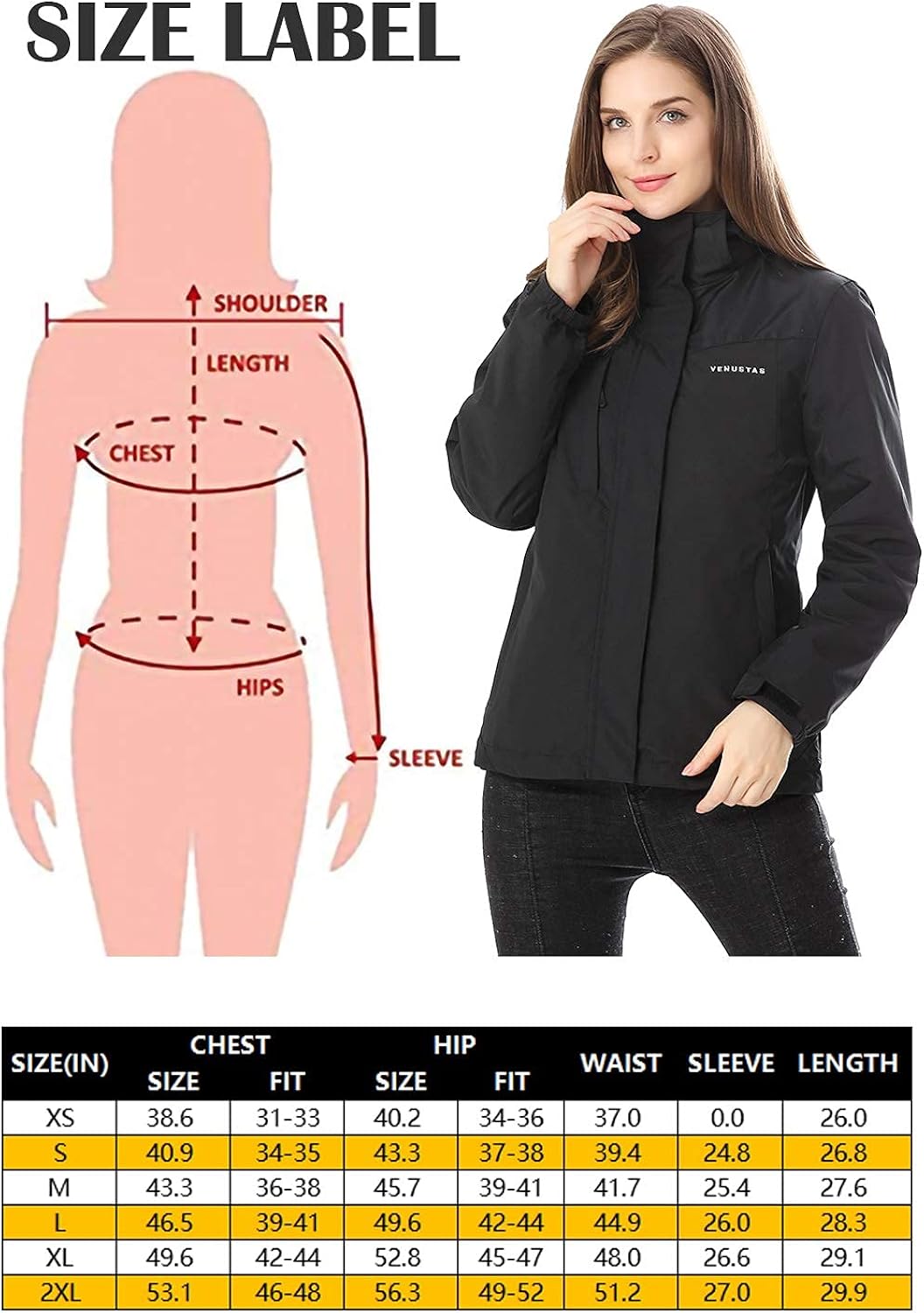 Venustas Heated Jacket for Women, 3 in 1 Winter Jacket with Battery Pack 7.4V, Water Resistant Ski Coat with Removable Hood