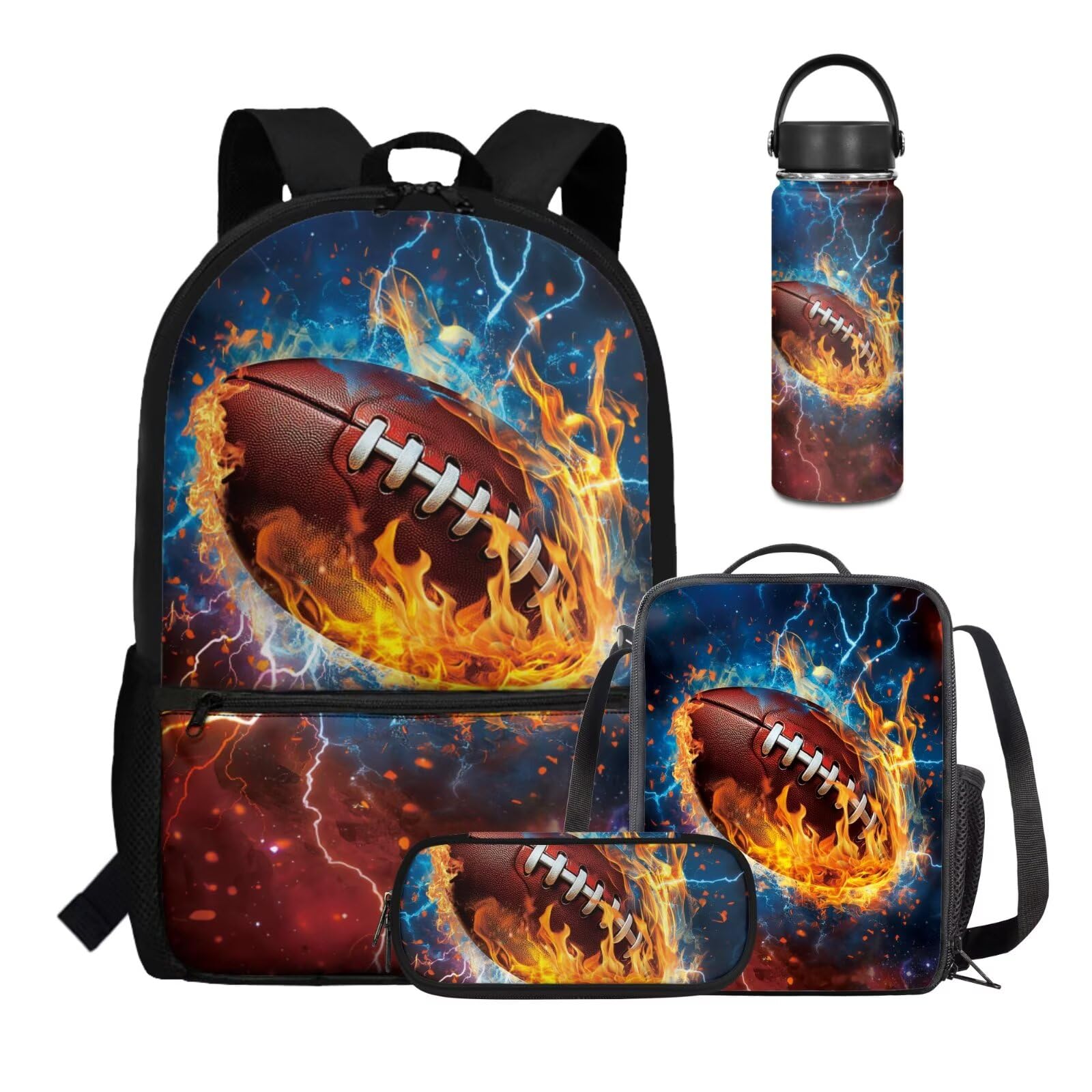 Coldinair Football Kids Backpack School Bag Set with Lunch Bag Water Bottle Cool Pencil Case 4PCS Bookbag Set for Elementary Middle School Student