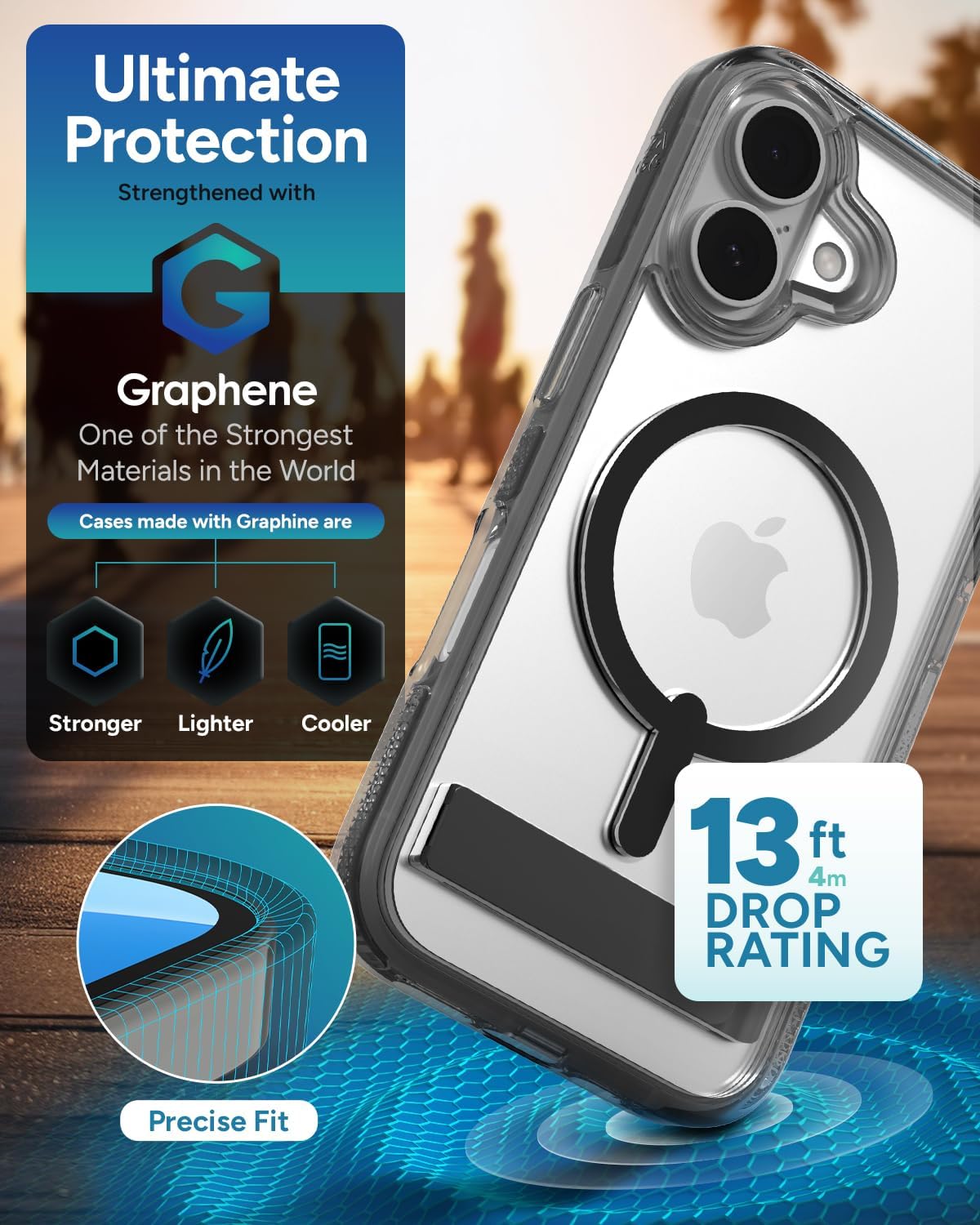 ZAGG Santa Cruz Snap Case for with Kickstand iPhone 16 – MagSafe Compatible, 13ft Military-Grade Drop Protection, Reinforced with Graphene, Slim Clear Case with Vibrant Color Accents, Black