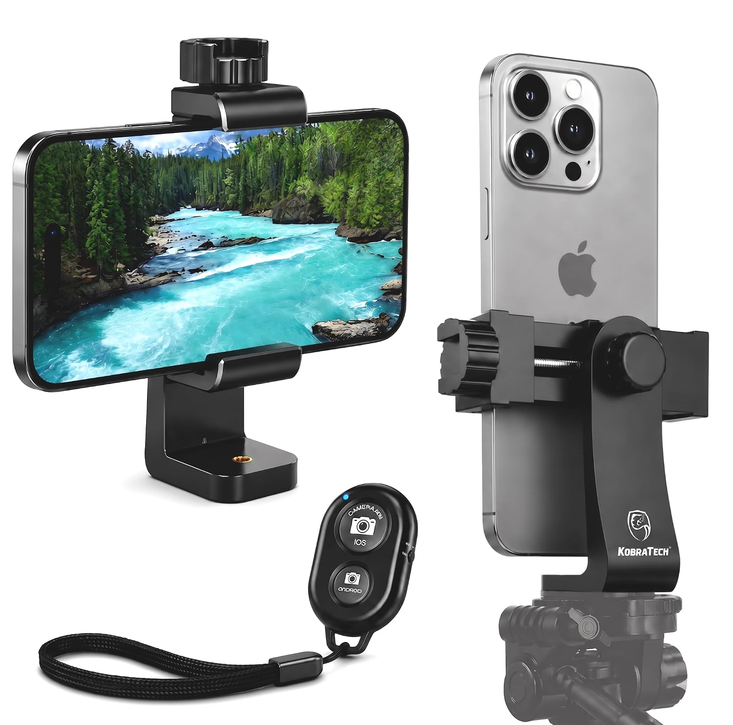 KobraTech Cell Phone Tripod Adapter - UniMount 360 - Universal Phone Tripod Mount Attachment for Any Size Smartphone - Includes Bonus Bluetooth Shutter Remote