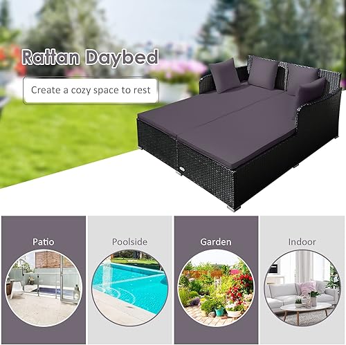 Miniatura 7 de COSTWAY Sofá cama de ratán para patio al aire libre, sofá biplaza acolchado de esponja con 4 almohadas, muebles de mimbre para balcón, patio (gris)