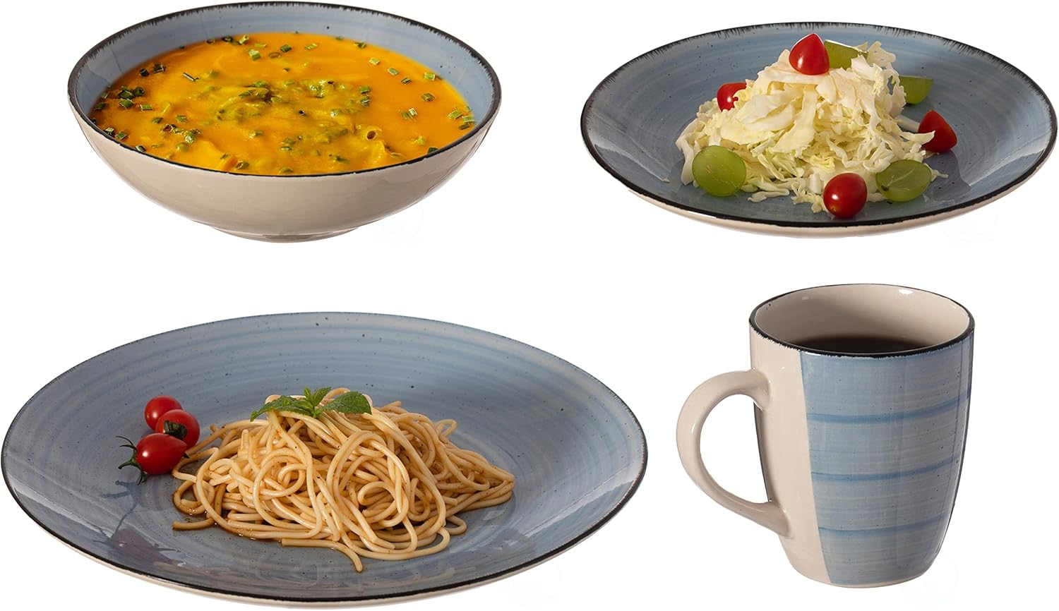 16 PC Spin Wash Dinnerware Dish Set for 4 Person | Mugs, Salad and Dinner Plates and Bowls Sets, Stylish Dishes with Highly Chip and Crack Resistant, Dishwasher and Microwave Safe, Blue. QI004502.BL