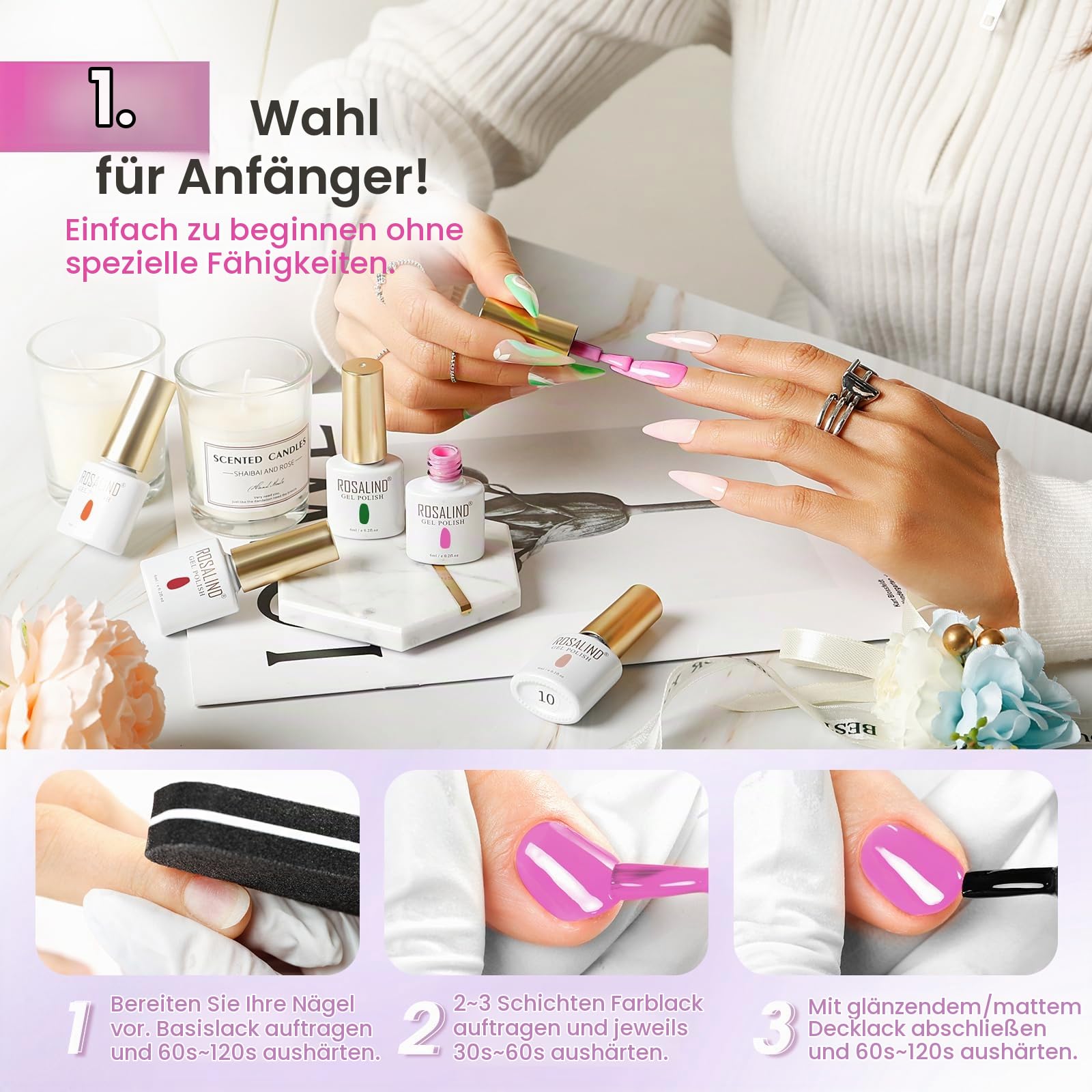 ROSALIND UV Nagellack Set, 50 Stück Rosa Grün Violett Blau Grau Gel Nagellack Set, Soak-Off UV LED Farbgel Gelnägel für Nagel Design Gel Nail Polish Geschenk