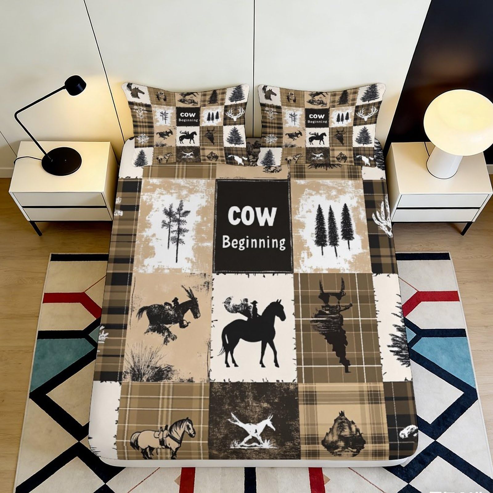 3D Printed Western Cowboy Fitted Sheet Microfiber Brown Plaid Forest Animal Bed Cover for Bedroom Guestroom Decor 90x200x25cm